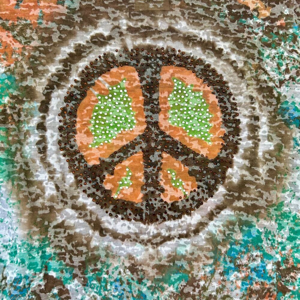 Crowns & Heart Peace Sign Bling Glitter Beaded Festival Long Sleeve Tie Dye LG - Picture 2 of 8